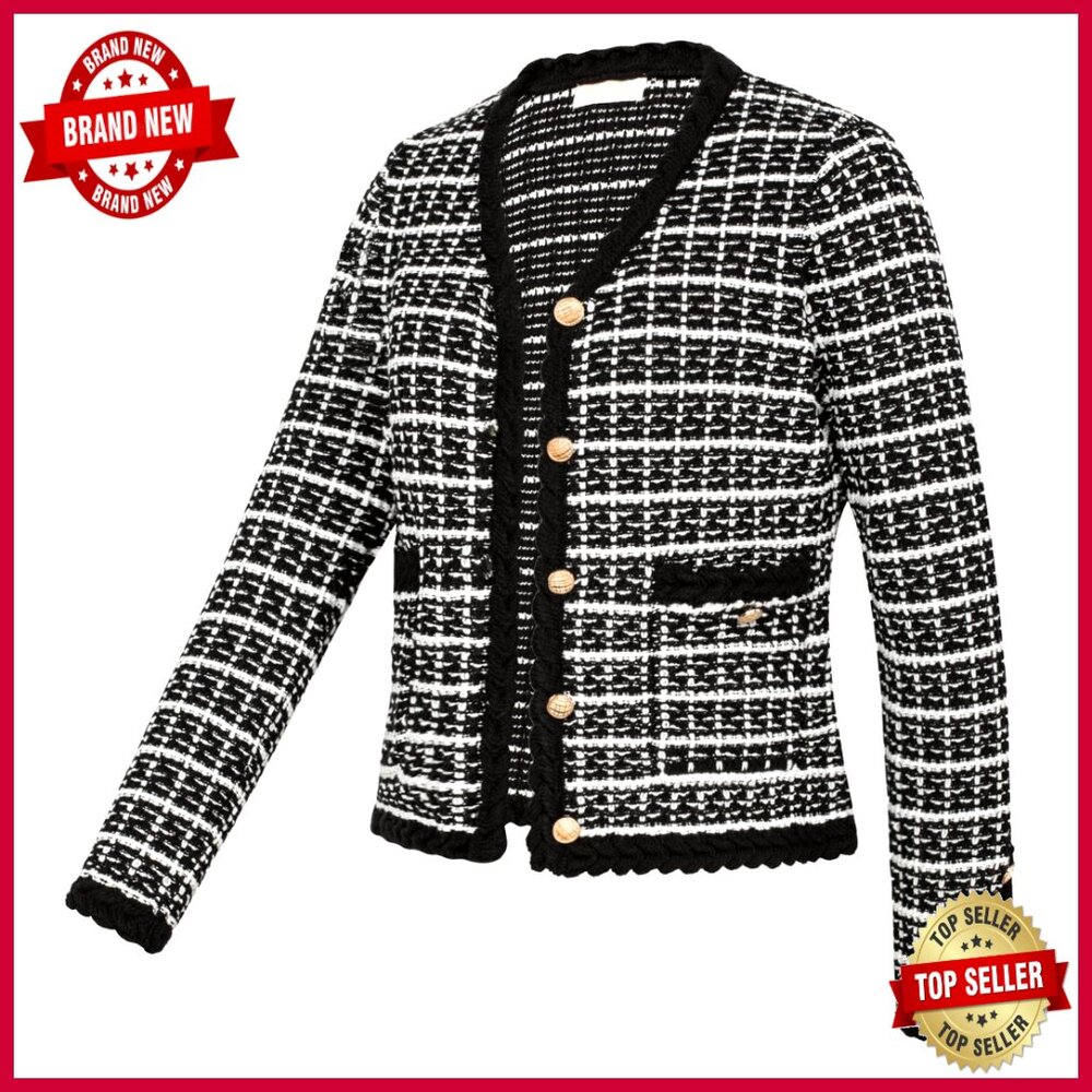 V-Neck Tweed Cardigan Blazer With Pockets, Long Sleeve Button Front